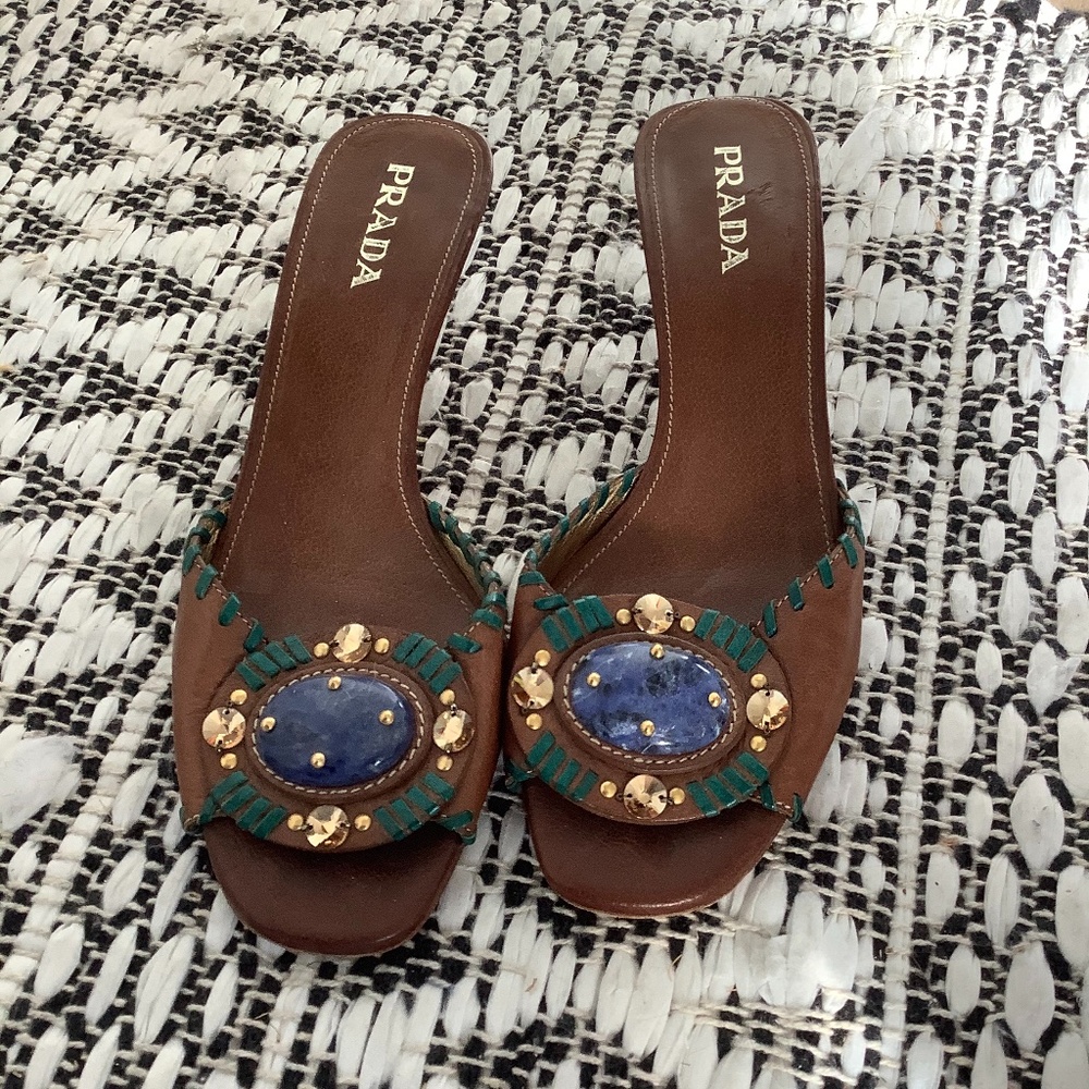 PRADA Open-Toe Leather Mule w/ Buffalo Blue Stone